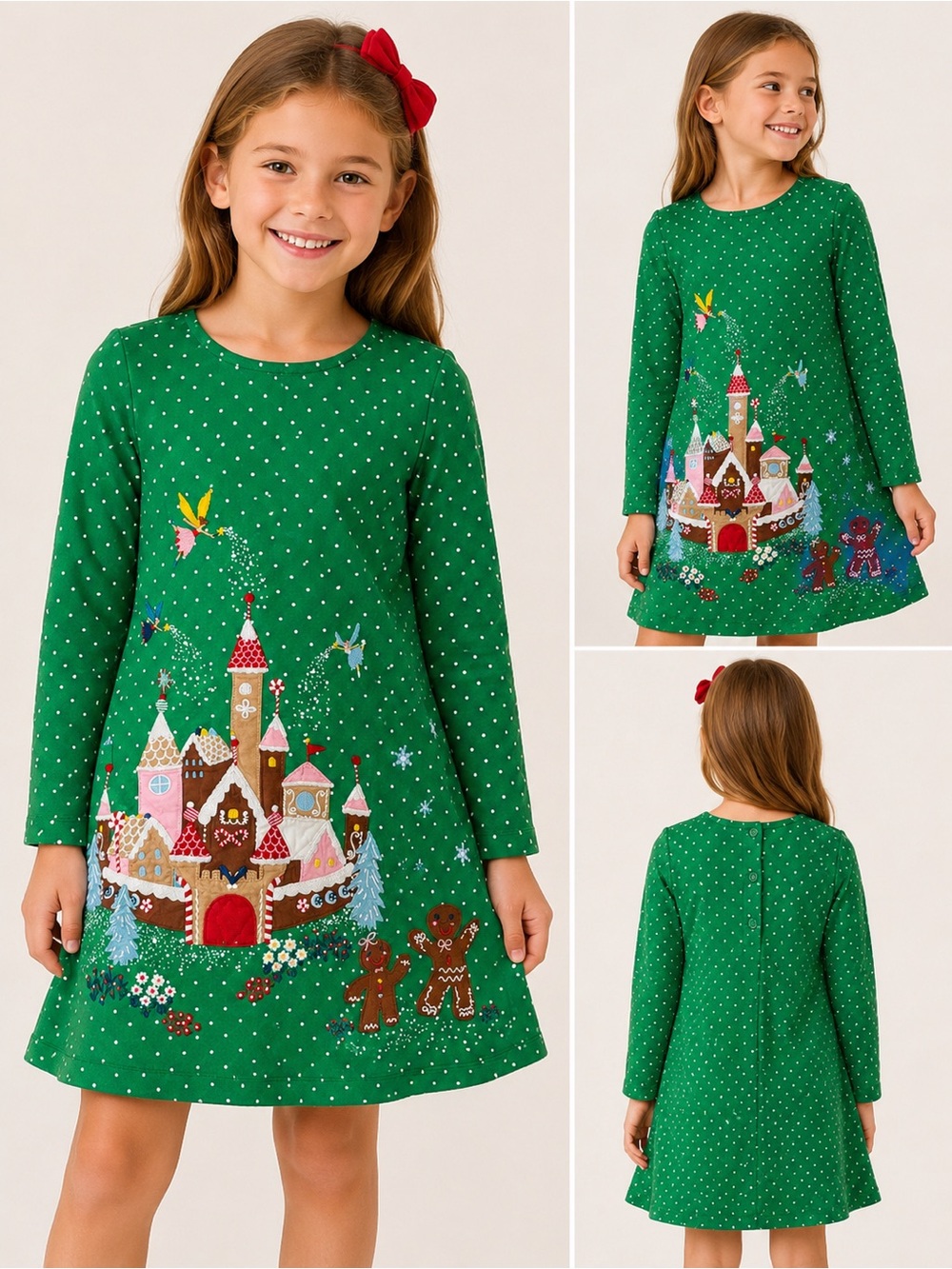 Girls' Green Holiday Castle Appliqué Long-Sleeve Dress
